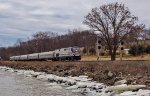The southbound Eeth rolls past icy Cheviot landing on its daily transit down the Hudson River